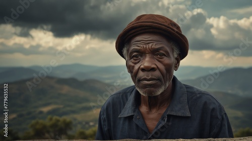 an elderly black african man portrait on top of a mountain with landscape cloudy view looking at camera from Generative AI