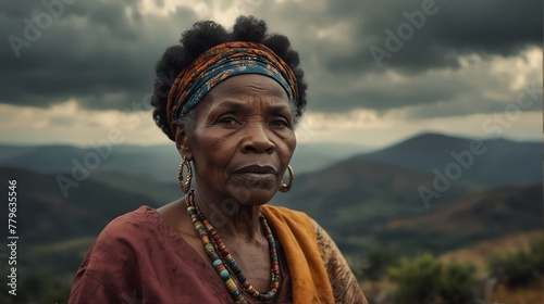 an elderly black african woman portrait on top of a mountain with landscape cloudy view looking at camera from Generative AI