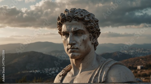 greek god apollo portrait on top of a mountain with landscape cloudy view looking at camera from Generative AI © SevenThreeSky