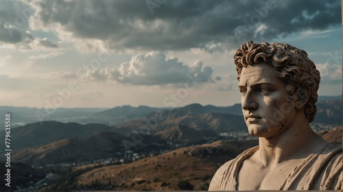 greek god apollo portrait on top of a mountain with landscape cloudy view looking at camera from Generative AI © SevenThreeSky