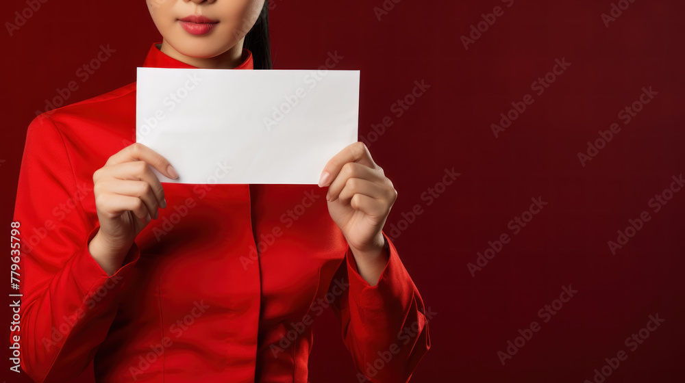 faceless waiter woman on red background hold white paper
