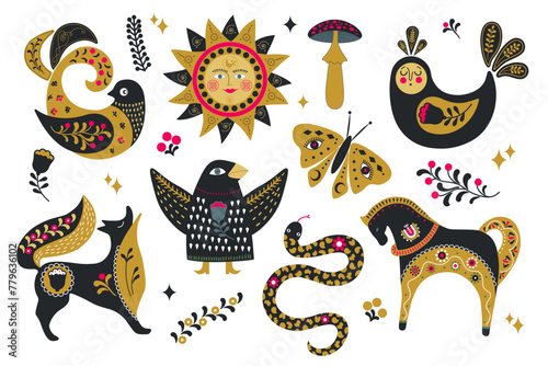 Folk art set with vector animals, birds and sun in scandinavian style, russian style. Scandinavian set of birds, sun, snake, fox, horse, moth and mushroom on white background photo