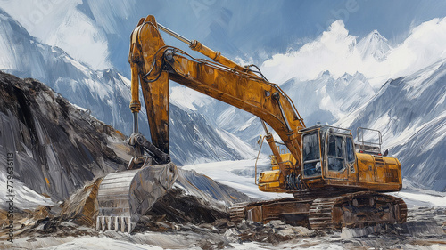 A large yellow excavator is on a snowy mountain photo