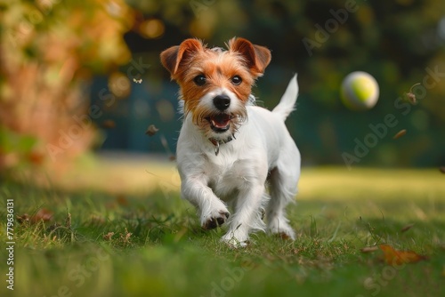 Jack russell terrier fetching a thrown ball