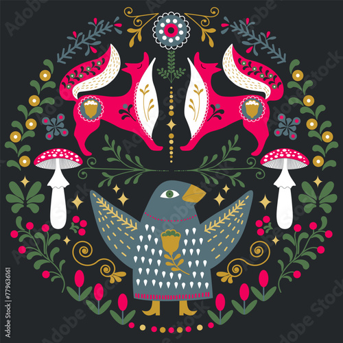 Scandinavian folk art with Crow and Foxes  vector illustration. Symmetrical ornament with different folk composions on black background