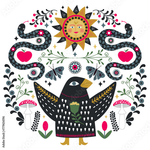 Scandinavian folk art Crow, Snakes and Sun symmetrical vector illustration. Symmetrical ornament with birds, snakes, sun with different folk composions on white background