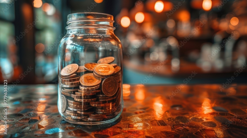 Coin-Filled Jar on Table: A Wealth of Possibilities Coin-Filled Jar on Table: A Wealth of Possibilities