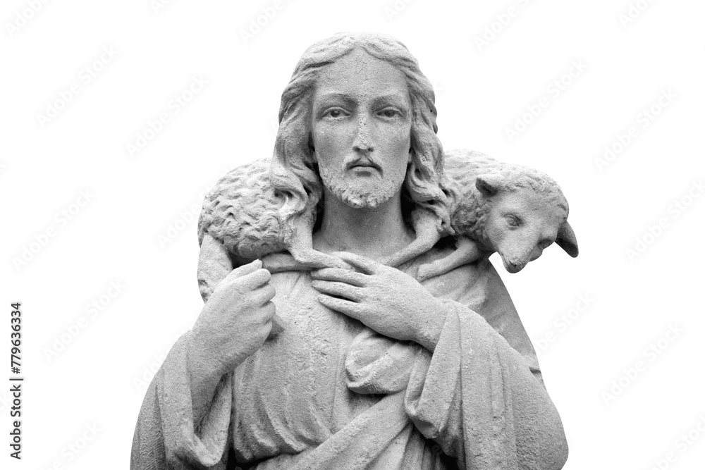 Naklejka premium Jesus Christ Good Shepherd. Faith, religion, Christianity, God concept. Black and white image.