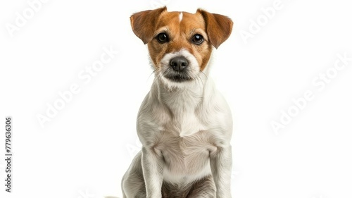 Jack russell terrier sitting and facing forward on white background