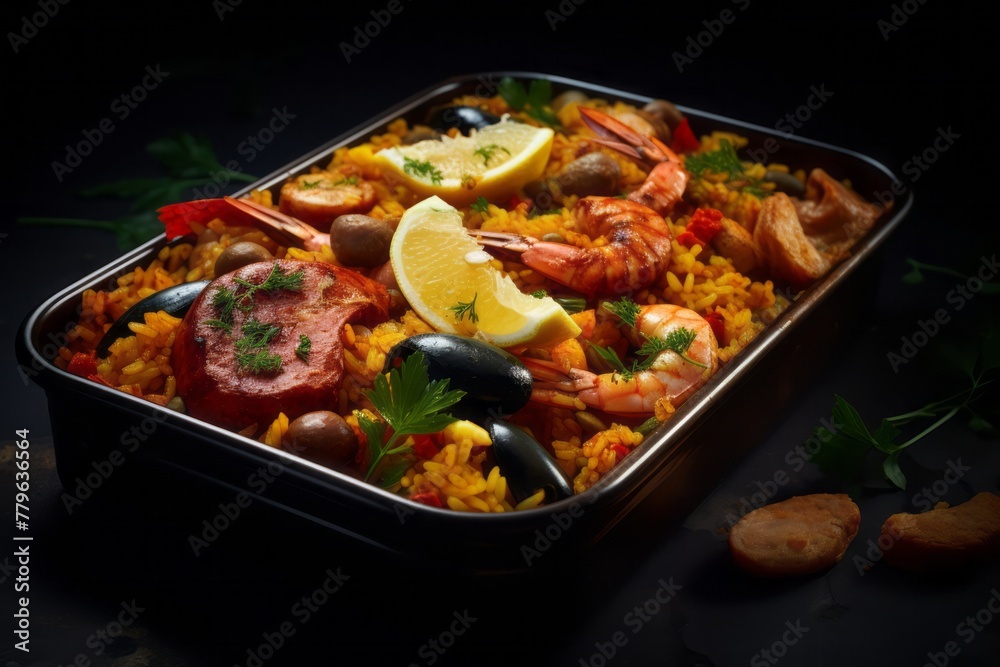 Delicious paella in a bento box against a dark background Delicious paella in a bento box against a dark background