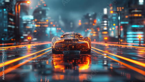 A futuristic car is driving down a wet road in a city photo