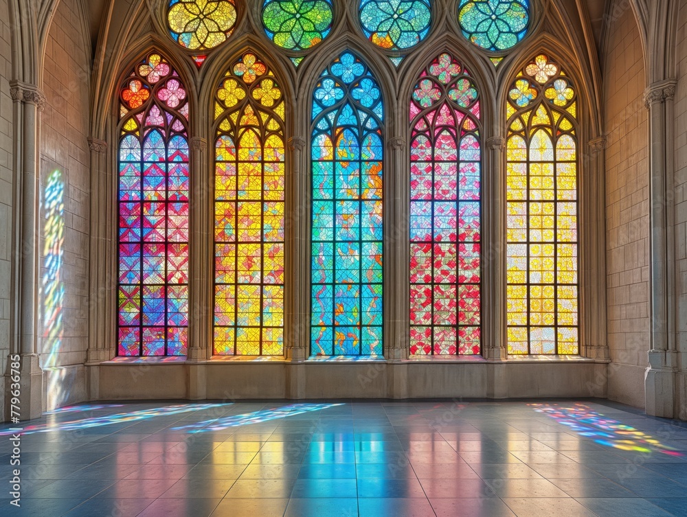 A large stained glass window with a rainbow of colors. The window is in a cathedral and the colors are bright and vibrant