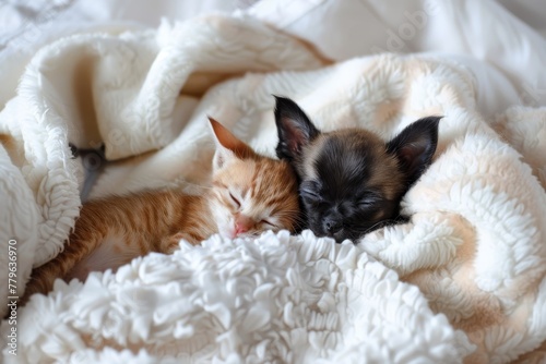 Kitten and puppy nap under blanket at home © VolumeThings