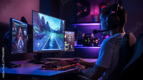 person playing video game on computer, neon lights, gaming, gamer, online game, online gaming. photo