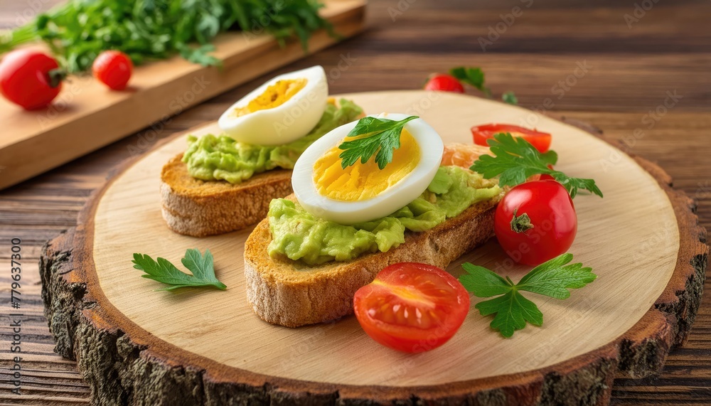 Avocado Toast with Boiled Egg & Tomatoes on a Wooden Board Avocado Toast with Boiled Egg & Tomatoes on a Wooden Board