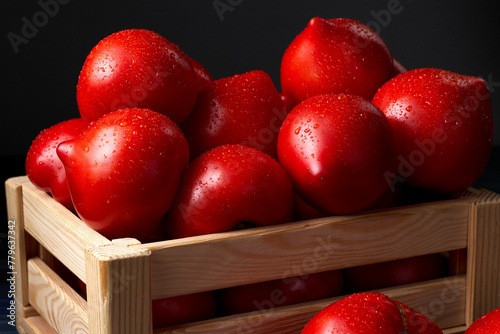 Heap of red, fresh, aromatic, ripe tomatoes with water drops in a wooden box against dark blue background