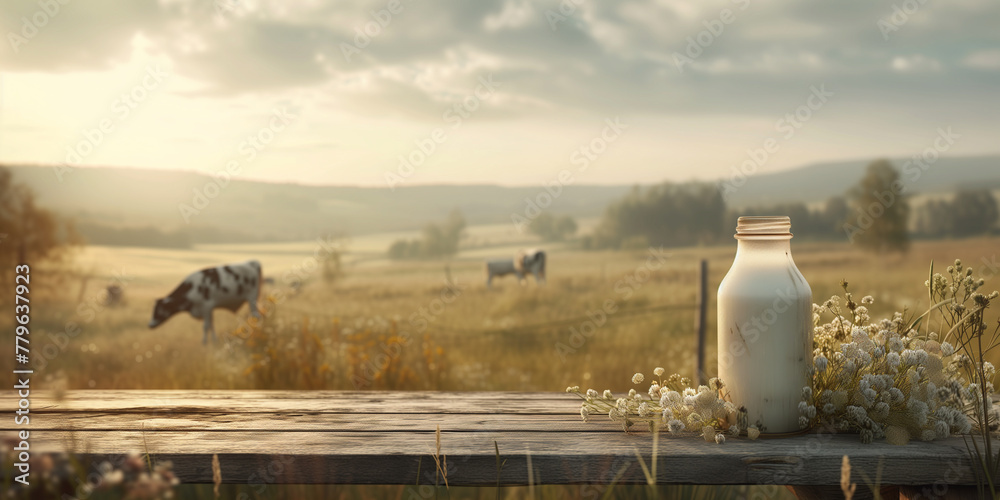Obraz premium Milk and cows in the background