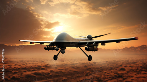 A military drone landing, after successful mission during sunset against the background of a natural landscape, concept for military technology, unmanned aircraft system, combat drone