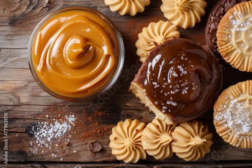 Latin American Manjar or Dulce de leche spread on alfajor cookies photographed from above