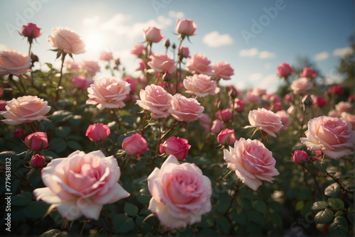 Art Beautiful wild pink rose flowers in Summer morning with copy space