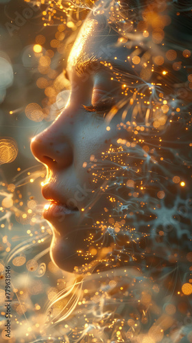 Ethereal Portrait of a Woman Enveloped in a Luminous Network of Light, Symbolizing Interconnectedness