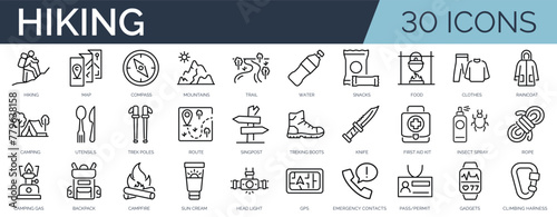 Set of 30 outline icons related to hiking. Linear icon collection. Editable stroke. Vector illustration