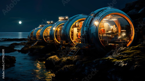 wave energy converter harnessing the power of ocean waves to generate renewable electricity. Generative Ai photo