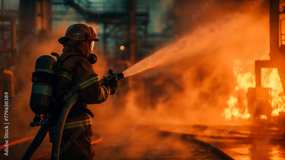 Fototapeta premium A firefighter is spraying water on a fire