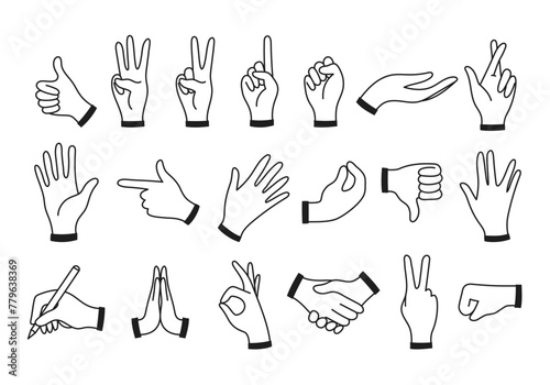 Set of human hand, palm, wrist gestures. Holding, gripping, pointing, fist, thumbs up. Vector doodle illustration isolated on white