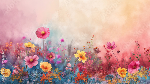 A painting of a field of flowers with a pink and blue background