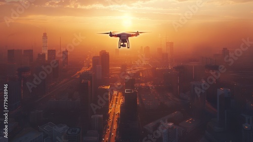 Drone Flying Over City at Sunrise