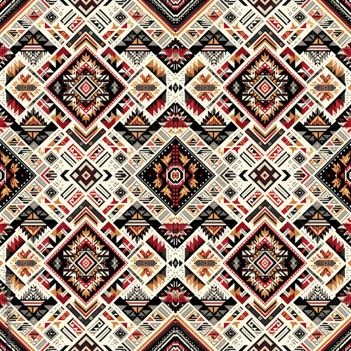 Aztec Daimond and Triangular ikat seamless pattern with Red and Black