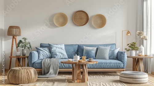 living room interior with sofa and wooden round circle  on wall for deigning  photo