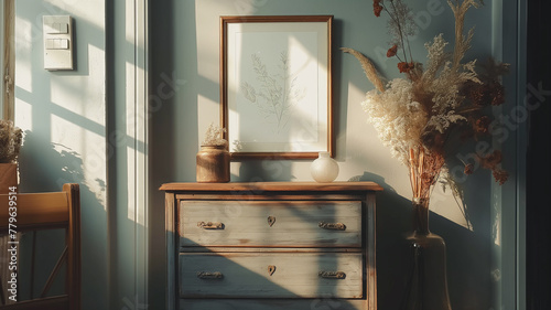 A white dresser with a framed leaf on top of it