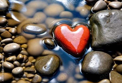 Heart-Shaped Rock Amidst Lush Greenery in a Stream photo