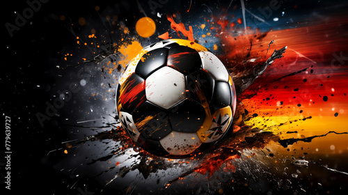 Concept for European football championship in Germany, dynamic energy of a soccer game. A soccer ball hurtles through the air, surrounded by explosive splashes of vibrant paint, intensity and motion photo