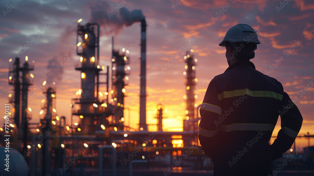 engineer is standing in front of an oil plant