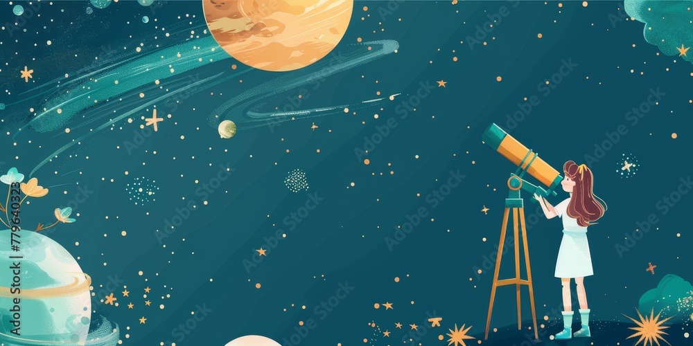 A girl is looking through a telescope at the stars. The background is a blue sky with stars and planets
