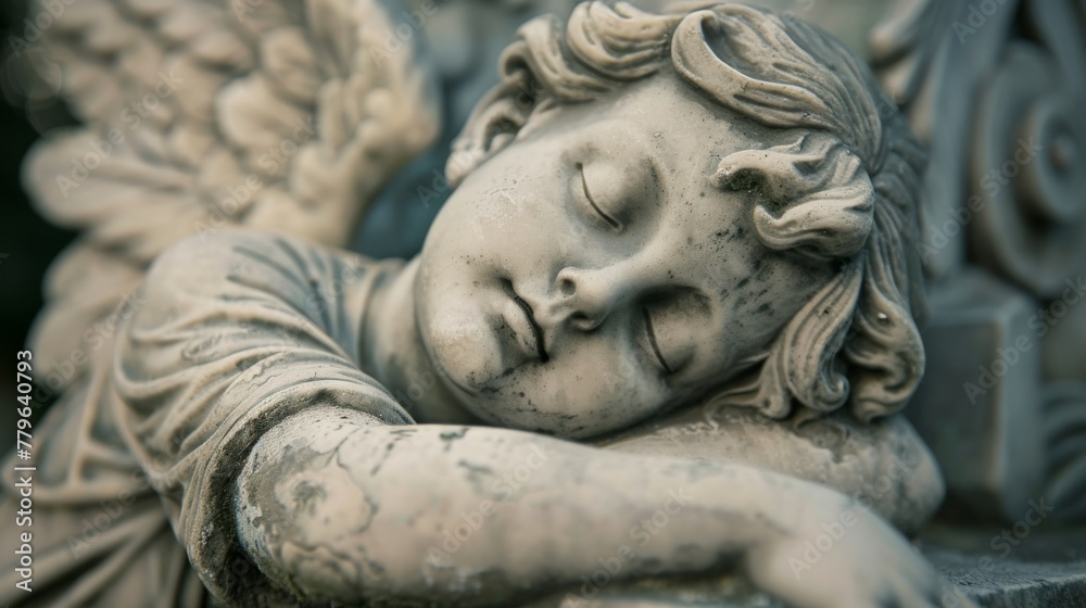 Garden Statue Vintage Close-up. Sleeping Angel At La Recoleta Cemetery In Buenos