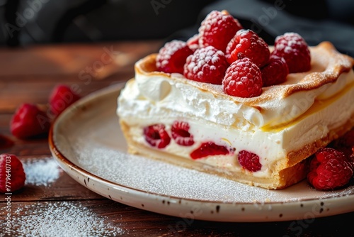 Lemon meringue pie with raspberries slice