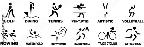 Summer sports icons. Vector isolated pictograms on white background with the names of sports disciplines of Paris Olympics. Unofficial Paris Olympics pictograms. © Mubashir
