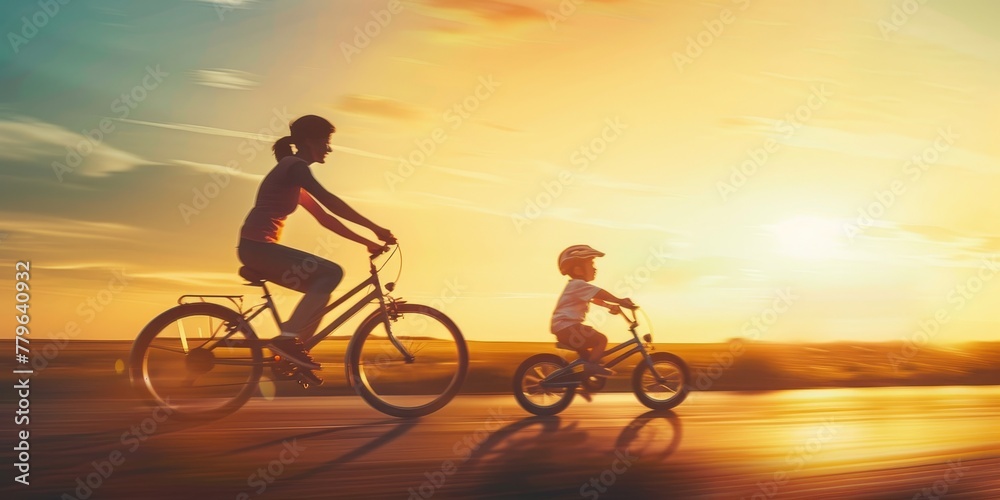 Obraz premium A woman and a child are riding bicycles together. The woman is wearing a red shirt and the child is wearing a white helmet. The scene is set against a backdrop of a beautiful sunset, creating a warm