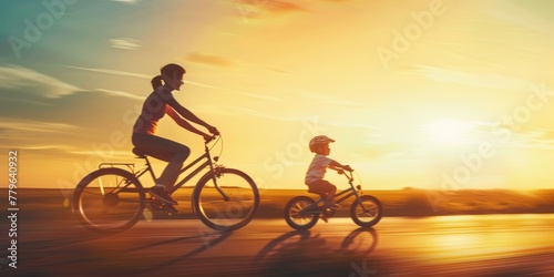 A woman and a child are riding bicycles together. The woman is wearing a red shirt and the child is wearing a white helmet. The scene is set against a backdrop of a beautiful sunset, creating a warm