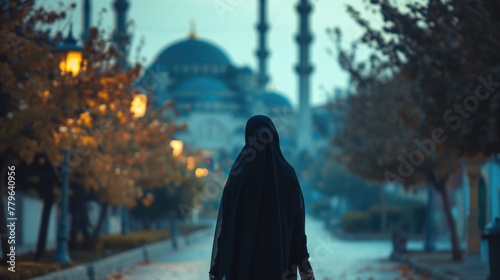A Muslim woman in a niqab walking towards a big mosque, her figure silhouetted against the evening lights, back view photo
