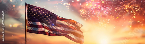 Photo of the American flag waving in the wind with fireworks at sunset in the background, banner design. Wide angle lens photorealistic daylight scene. 4th of July, President's Day, Independence Day