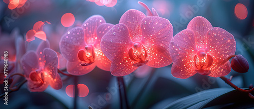 a many pink flowers with red lights in the background