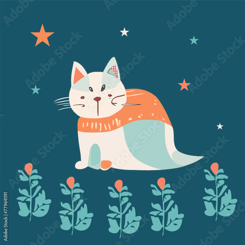 Cute colorful cat vector illustration blue background