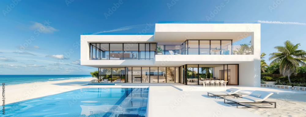 modern mansion on the beach with pool and large windows, all white facade, blue sky, beach chairs in front of it