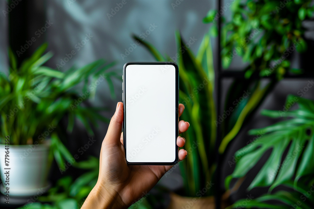smartphone mockup, hand holding modern phone, mobile app advertising, blank white screen