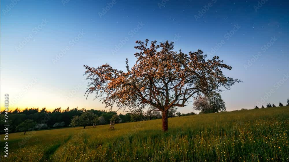 Night to day time lapse showing an idyllic rural landscape with a tree on a meadow. Starry sky blending to gold morning light